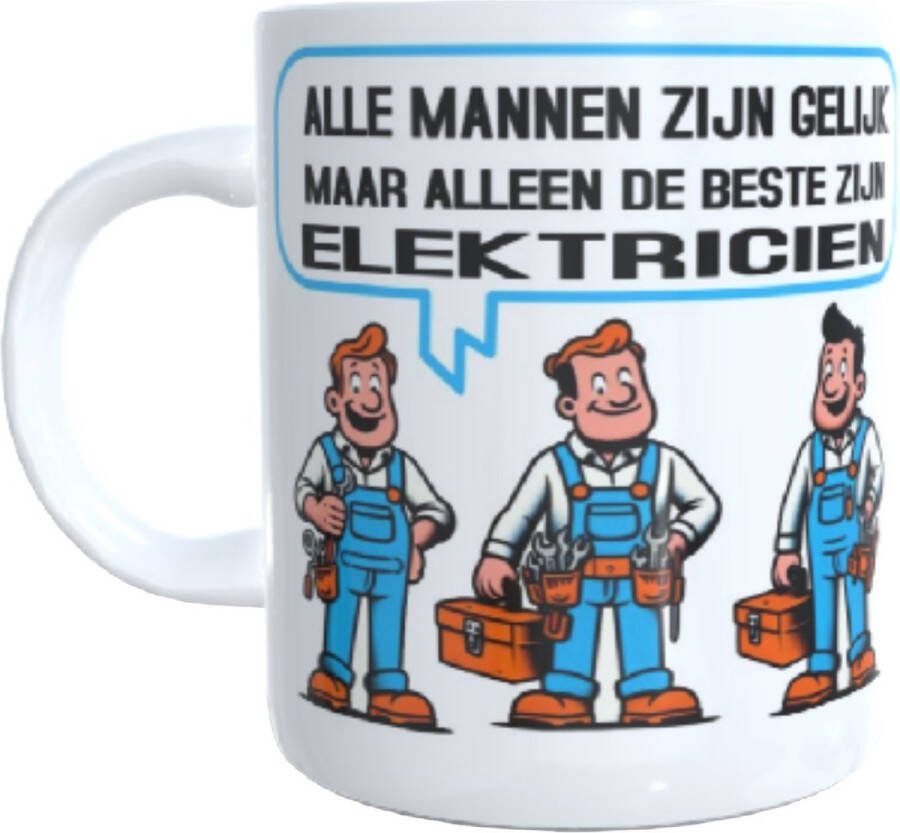 Looster-art&design Koffie beker thee mok tekst spreuk alle mannen zijn gelijk elektricien cartoon afbeelding