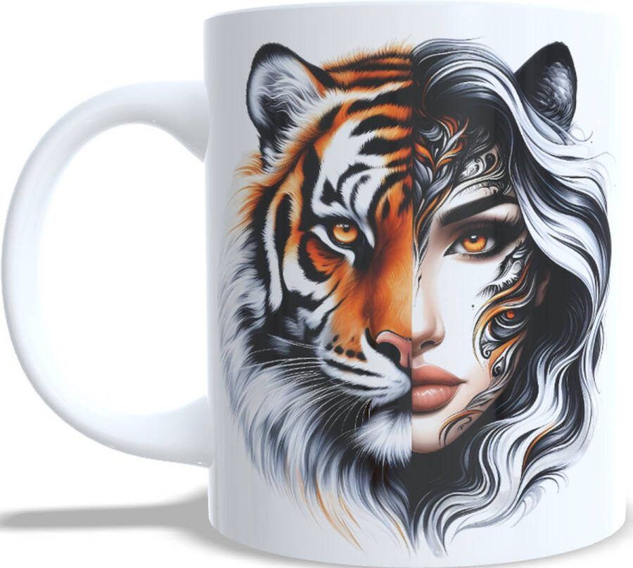 Looster-art&design koffie beker thee mok tijger vrouw gezicht