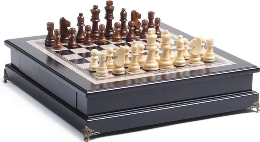 Lopoleis Hoogwaardig Elegante Schaakbord – Ornamenten Houten Schaakstukken – Handgemaakt + Sierpoten – Wood Chess – Schaakspel – Massief Hout – Schaakset Decoratie – Ingebouwde Lade