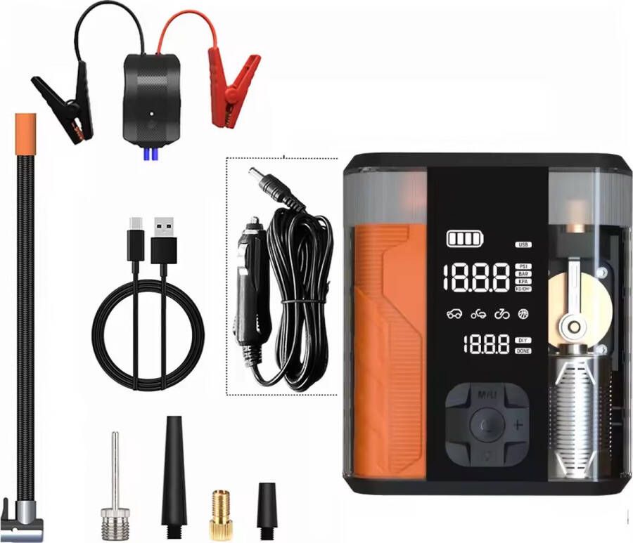 Lopoleis PowerJump Pro Draagbare Jumpstarter & Luchtcompressor in 1 – Elektrische Fietspomp – Startkabels – Compressor – Powerbank – Bandenpomp – Auto Fiets – Zaklamp – 1000 A 12000mAh – Zwart