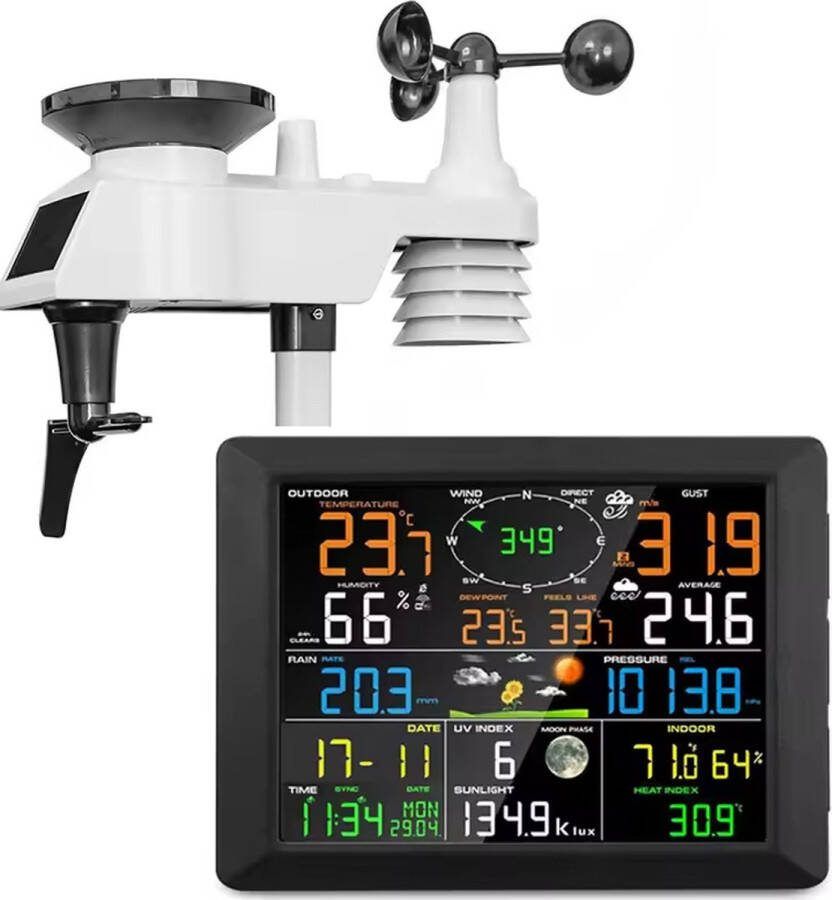 Lopoleis Professionele Weerstation Draadloos 14-in-1 WiFi – 8 Inch Kleurendisplay – Weerstation binnen en buiten Luchtvochtigheid Luchtdruk & Hitte-index – 7-in-1 buiten sensoren – Weerstation met buitensensor