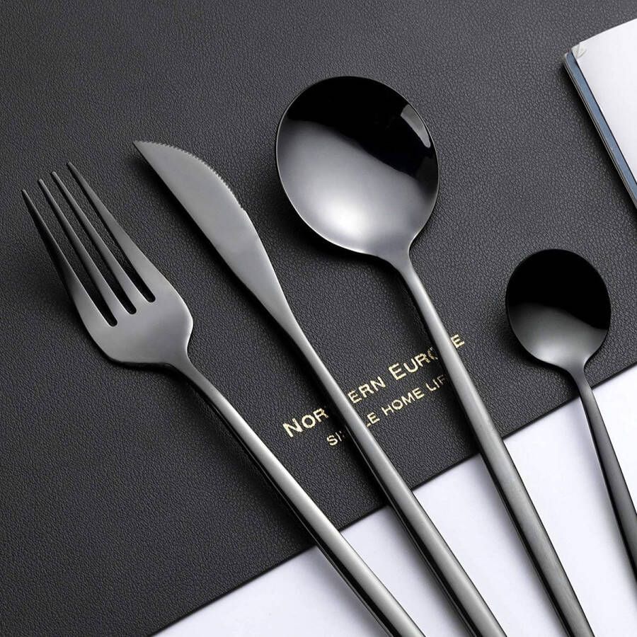 Lopoleis Royal Sam Bestek – Elegante Besteksets – Bestekset 6 persoons – 24 delig – Zwart – Bestekset Zwart – RVS – Modern Bestek