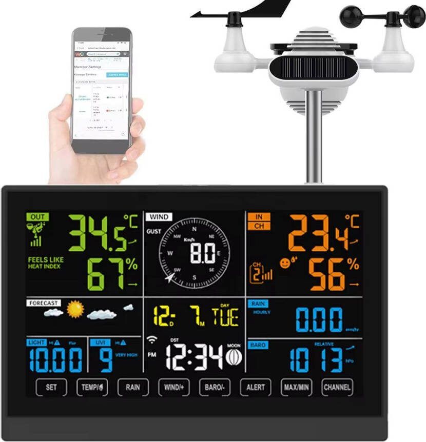 Lopoleis Weerstation Draadloos met Wifi – 7.5 Inch Kleurendisplay – Weerstation Binnen en buiten – Weerstation met buitensensor – Luchtvochtigheid Luchtdruk Comfort & Hitte-index – 7-in-1 Multifunctioneel