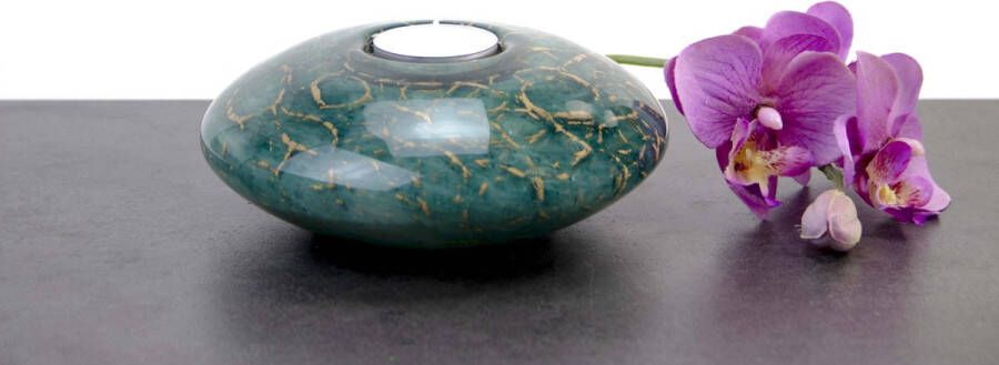 Loranto Mini Urn Waxinelichthouder Disc Groen met Bladgoud van mondgeblazen glas D15cm