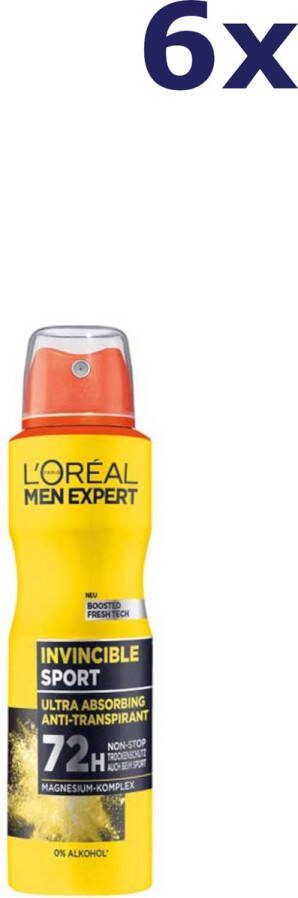 L Oréal Paris 6x L'Oreal Men Anti-Transpirant Deo Spray Invincible Sport 150ml