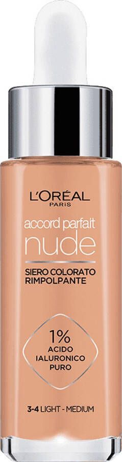 L Oréal Paris Accord Parfait Nude Volumegevend Getint Serum Foundation met hyaluronzuur 3-4 Light Medium 30ml Vegan