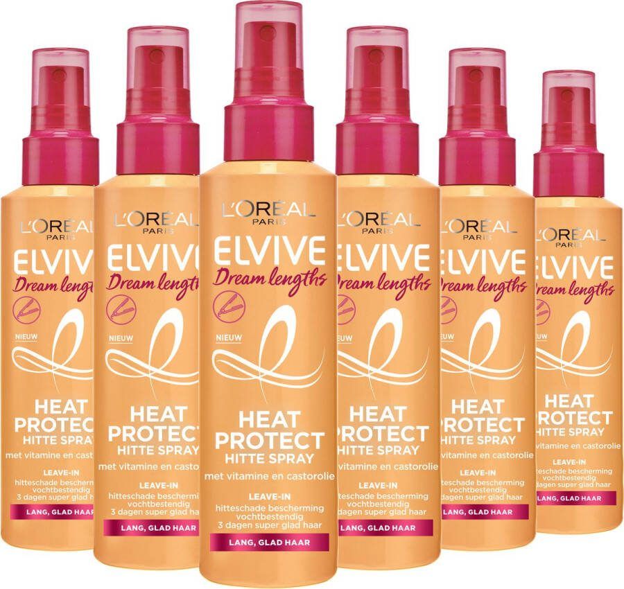 L Oréal Paris Elvive Dream Lengths Heat Protect Hittespray Lang Beschadigd Haar 230°C Hittebescherming 6 x 150ml