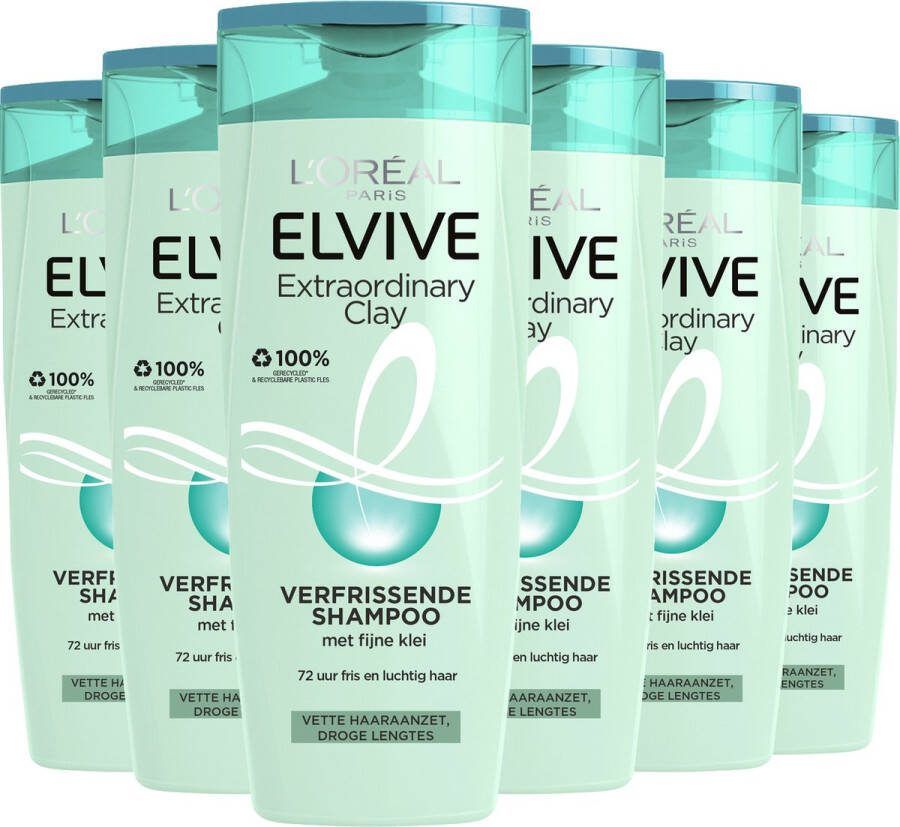 L Oréal Paris Elvive Extraordinary Clay Shampoo 6 x 250 ml Normaal Tot Vet Haar Voordeelverpakking