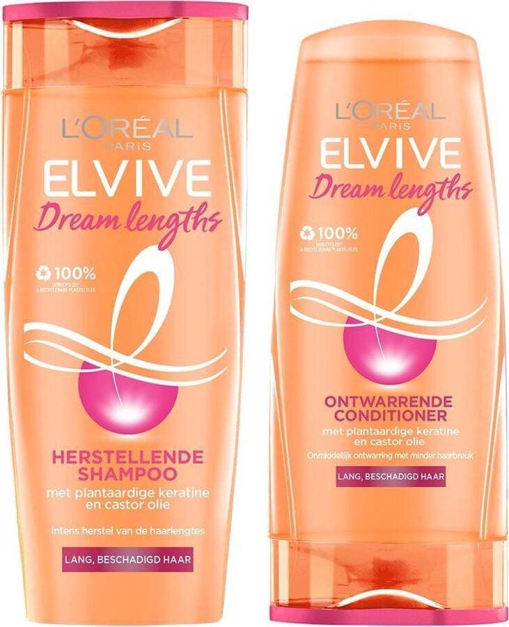 L Oréal Paris Geschenktasje met L'Oréal Elvive Dream Lengths Shampoo 1x 250 ml & Conditioner 1x 200 ml en een Douche puf