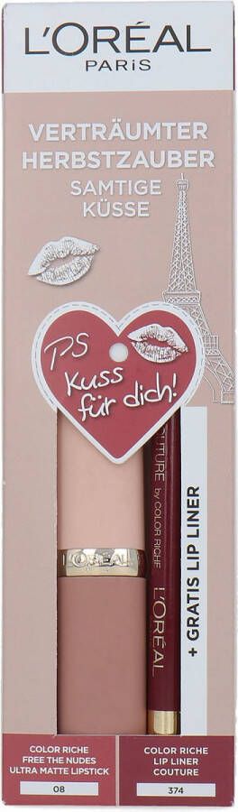 L Oréal Paris L'Oréal Color Riche Free The Nudes Lipstick + Lip Liner Cadeauset 08 NO Lies-374 Intense Plum (Duitse versie)
