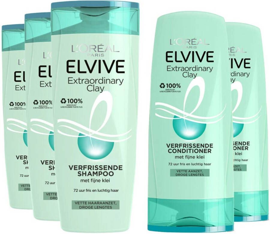 L Oréal Paris L'Oréal Elvive Extraordinary Clay Shampoo 3x 250 ml & Conditioner 2x 200 ml Pakket