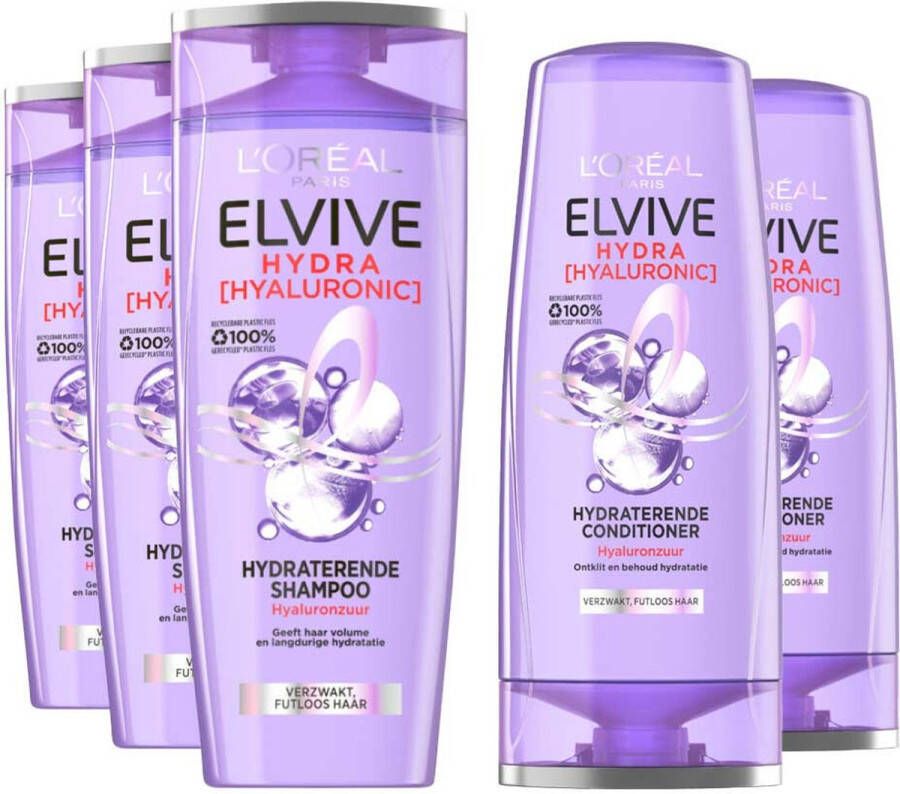 L Oréal Paris L'Oréal Elvive Hydra Hyaluronic Hydraterend Shampoo 3x 250 ml & Conditioner 2x 200 ml Pakket