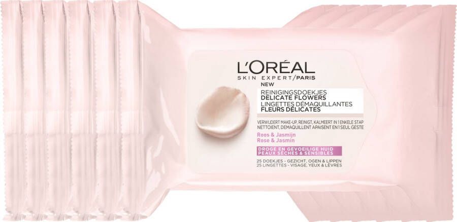 L Oréal Paris Skin Expert Delicate Flowers Zachte Reinigingsdoekjes 6 x 25 stuks Voordeelverpakking Gezichtsreiniger voor Droge en gevoelige huid