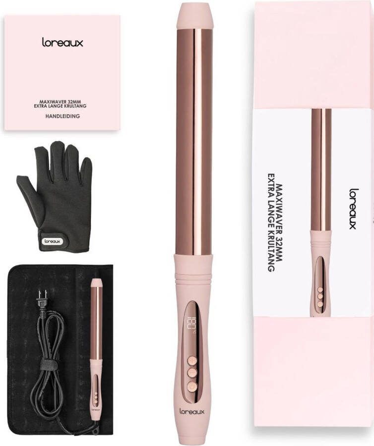 Loreaux Krultang 32mm extra lang voor lang haar en extensions incl. hittebestendige handschoen en opberghoes Haarkruller hair curler curling iron