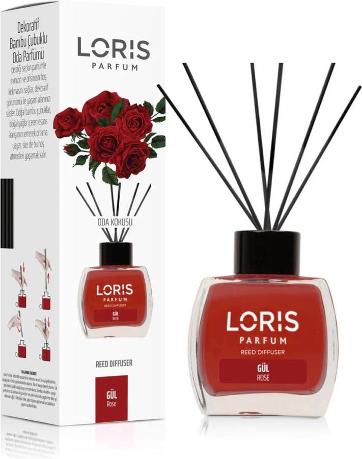 Loris Parfum Rose Roos Huisgeuren Geurstokjes 120 ml design fles met zwarte fiber stokjes