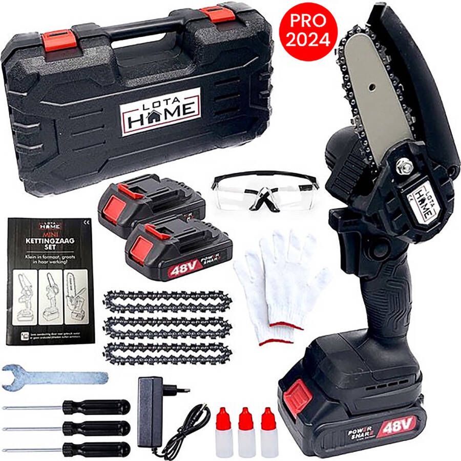 LotaHome Mini Kettingzaag Elektrische Kettingzaag met 2 Accu's 48V Snoeizaag Tuinieren Krachtige Kettingzaag Handkettingzaag Elektrische Snoeischaar Inclusief Extra Accu 3x Ketting Handschoenen Bril en Opbergkoffer Zwart