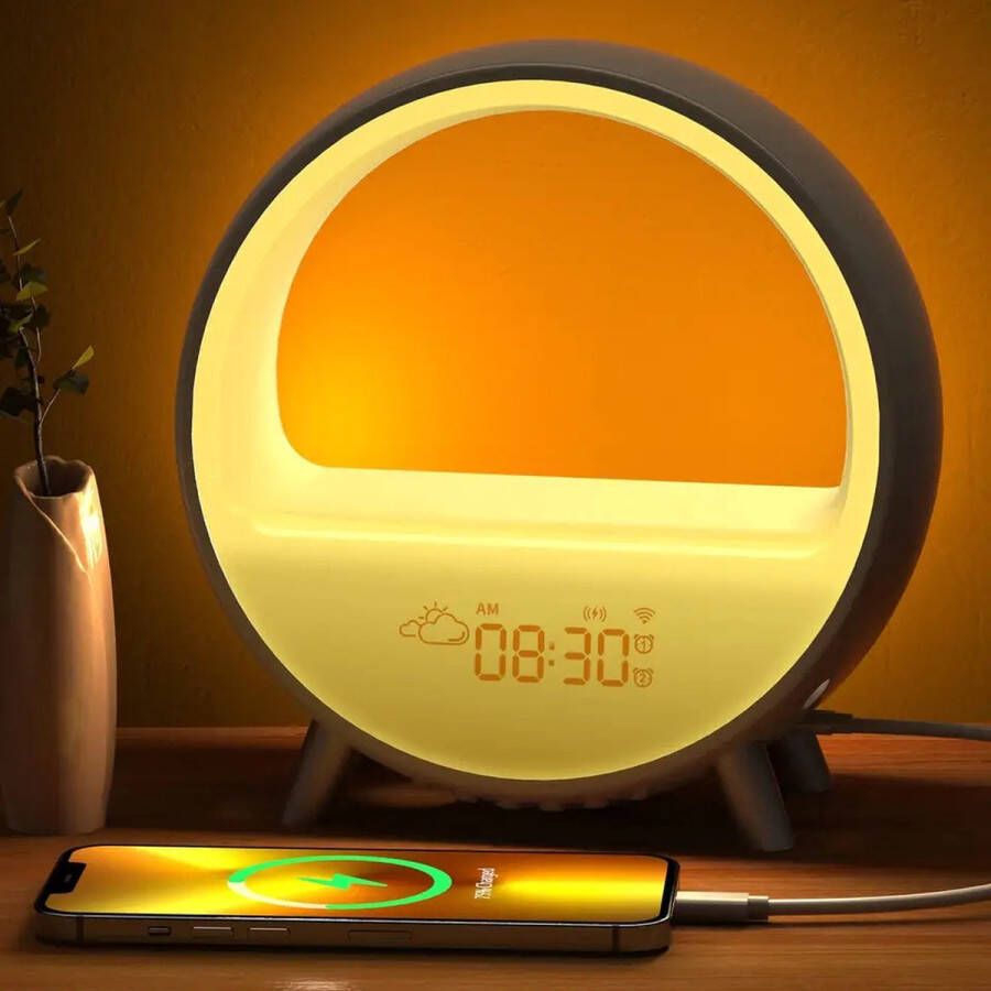 LotaHome Wake Up Light Inc Zonsopgang en Bluetooth Speaker Draadloze Oplader Wifi Wake Up Light met Natuurlijke Geluiden Smart Digitale Wekker Slaapwekker Lichtwekker Google Home & Amazon Alexa Led Light Ook voor Kinderen