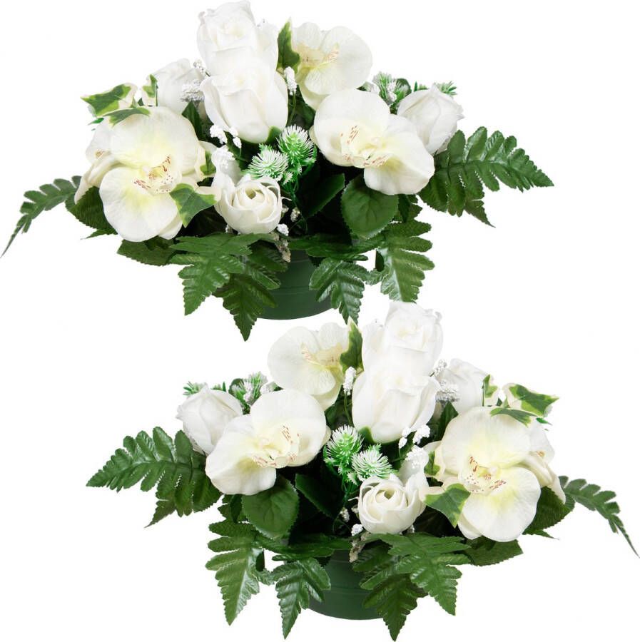 Louis Maes Kunstbloemen boeket orchidee roos in pot 2x wit H30 cm Bloemstuk Bladgroen