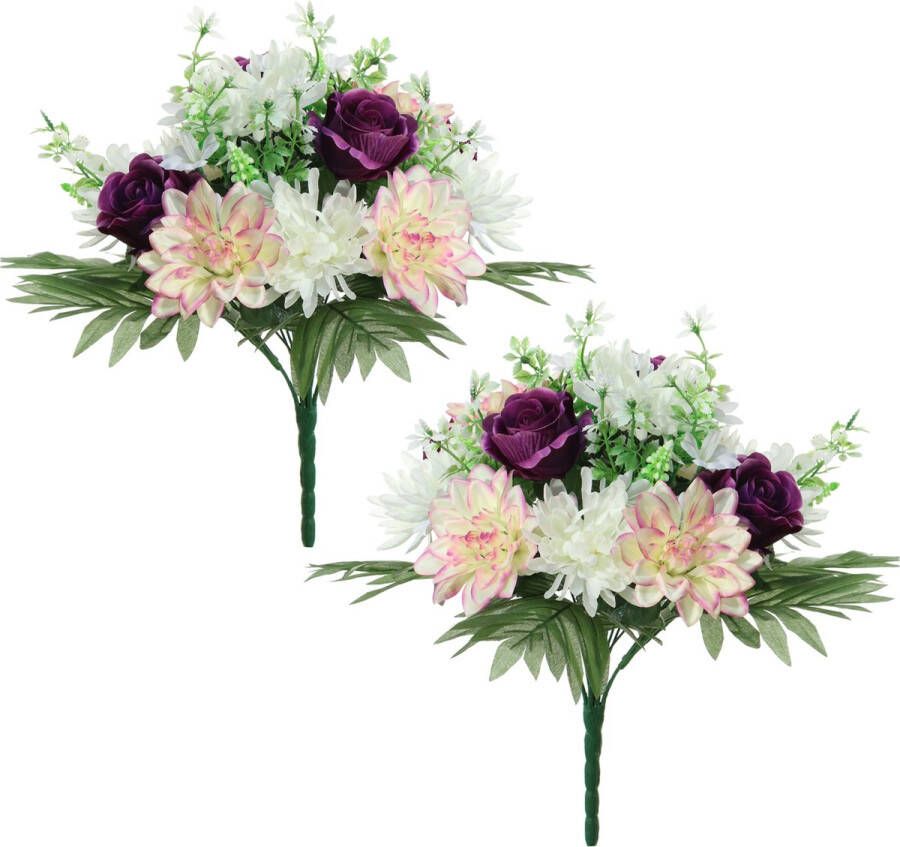 Louis Maes kunstbloemen boeket roos dahlia 2x paars creme H36 cm Bloemstuk Bladgroen