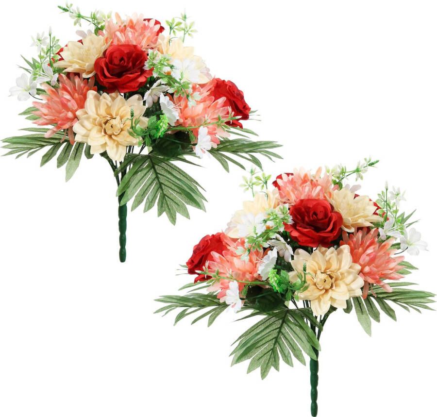 Louis Maes Kunstbloemen boeket roos dahlia 2x rood zalm H36 cm Bloemstuk Bladgroen Kunstbloemen