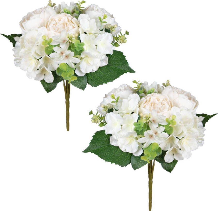 Louis Maes kunstbloemen boeket roos hortensia 2x creme wit H39 cm Bloemstuk Bladgroen Kunstbloemen