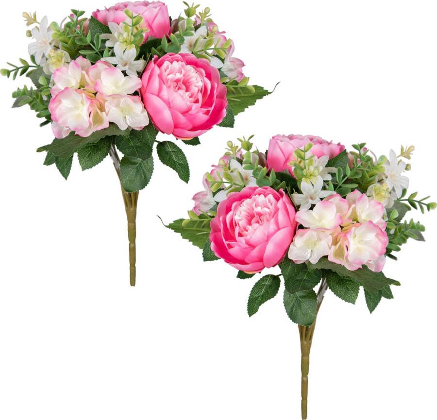 Louis Maes kunstbloemen boeket roos hortensia 2x roze cerise H39 cm Bloemstuk Bladgroen Kunstbloemen