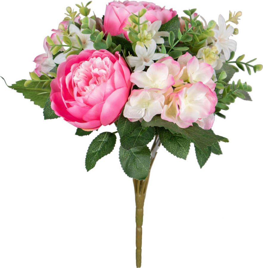 Louis Maes Kunstbloemen boeket roos hortensia roze cerise H39 cm Bloemstuk Bladgroen Kunstbloemen