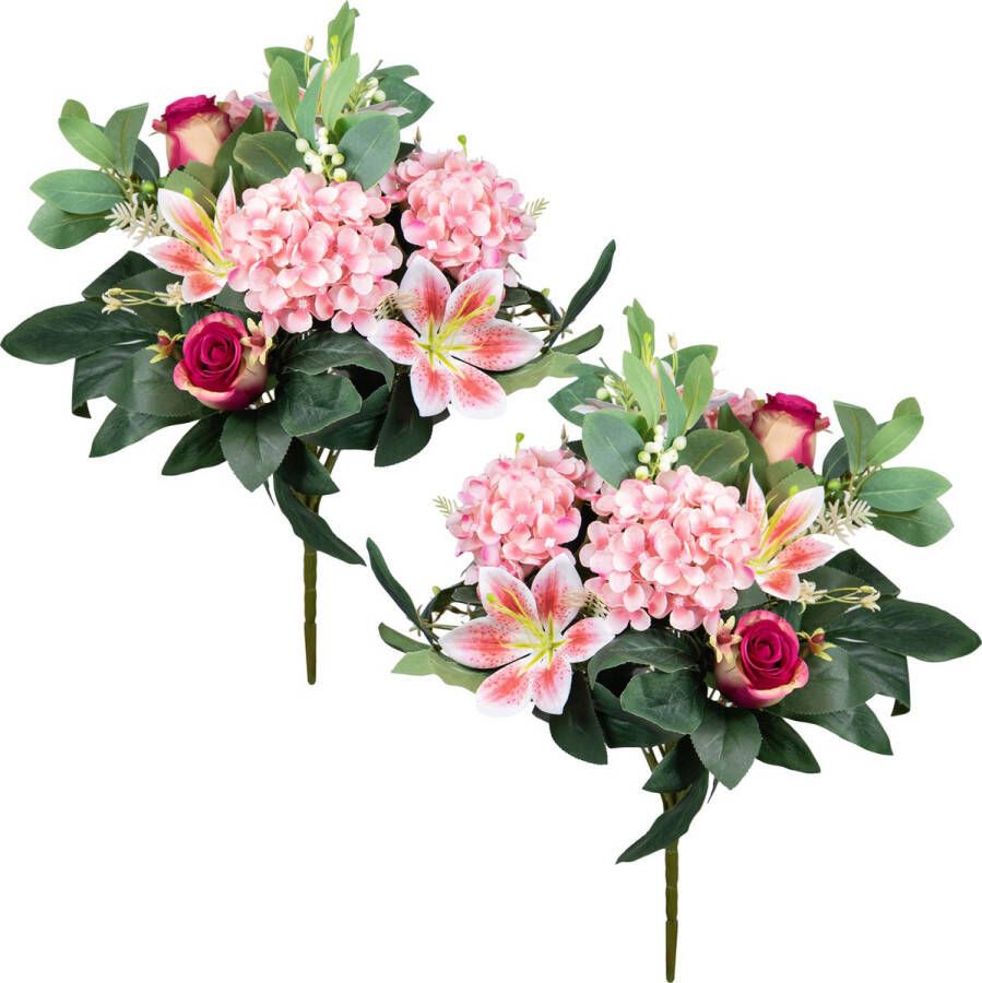 Louis Maes Kunstbloemen boeket roos hortensia lelie 2x roze cerise H39 cm Bloemstuk Bladgroen