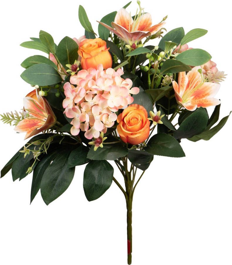 Louis Maes Kunstbloemen boeket roos hortensia lelie oranje zalm H39 cm Bloemstuk Bladgroen