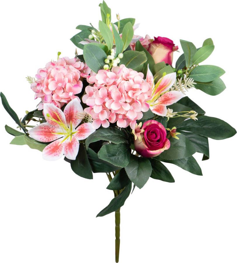 Louis Maes Kunstbloemen boeket roos hortensia lelie roze cerise H39 cm Bloemstuk Bladgroen