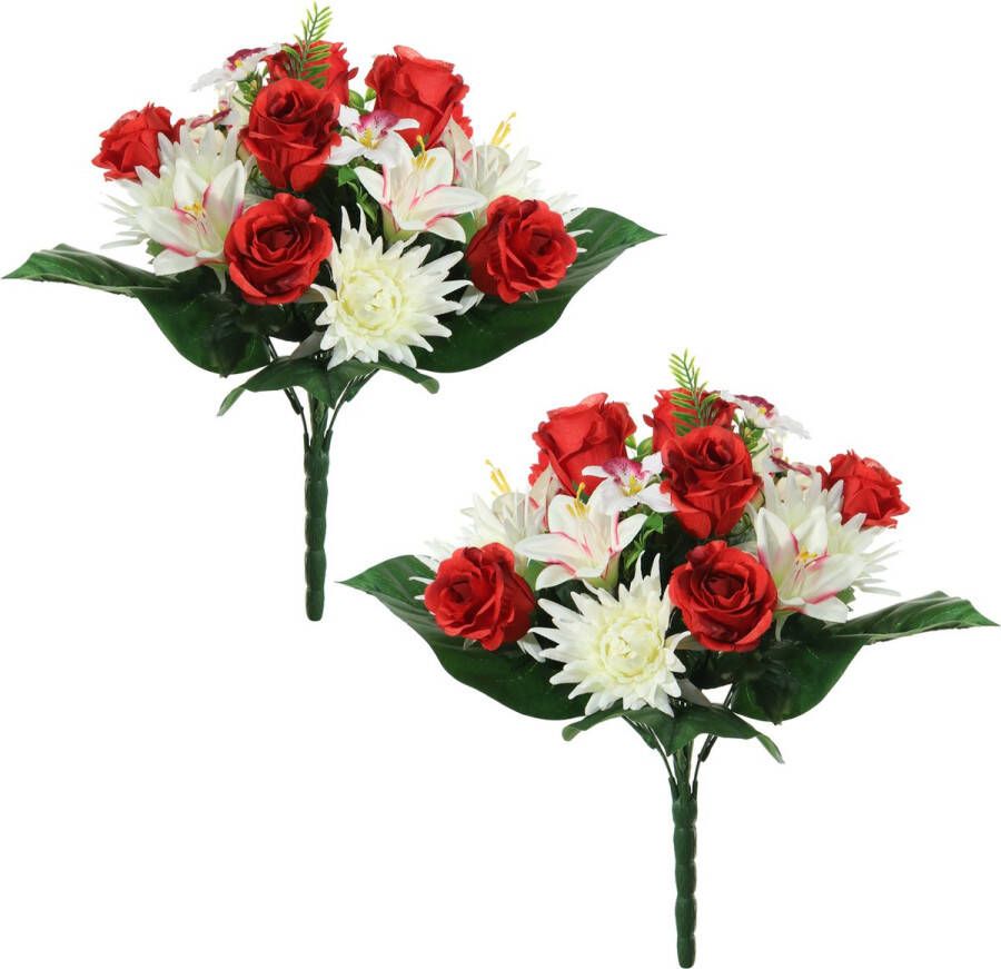 Louis Maes kunstbloemen boeket roos orchidee chrysant 2x rood wit H36 cm Bloemstuk