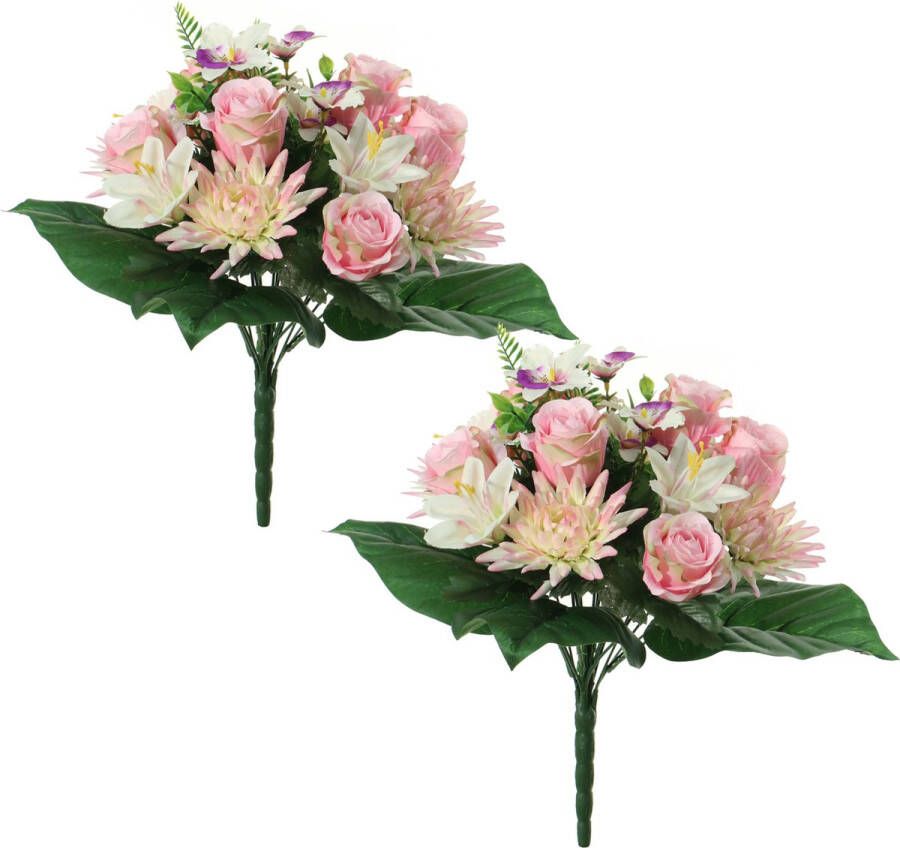 Louis Maes Kunstbloemen boeket roos orchidee chrysant 2x roze H36 cm Bloemstuk Bladgroen