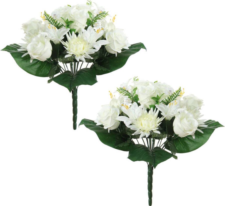 Louis Maes Kunstbloemen boeket roos orchidee chrysant 2x wit H36 cm Bloemstuk Bladgroen