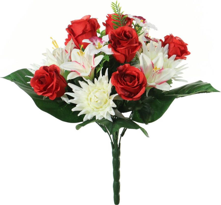 Louis Maes kunstbloemen boeket roos orchidee chrysant rood wit H36 cm Bloemstuk Bladgroen