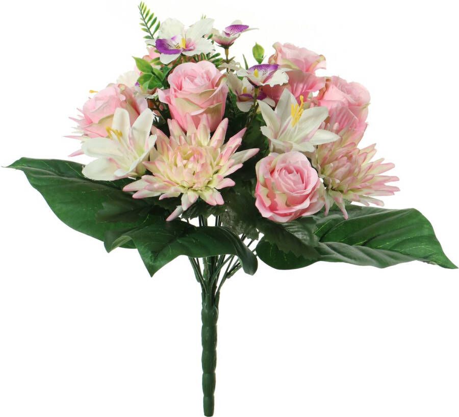 Louis Maes Kunstbloemen boeket roos orchidee chrysant roze H36 cm Bloemstuk Bladgroen