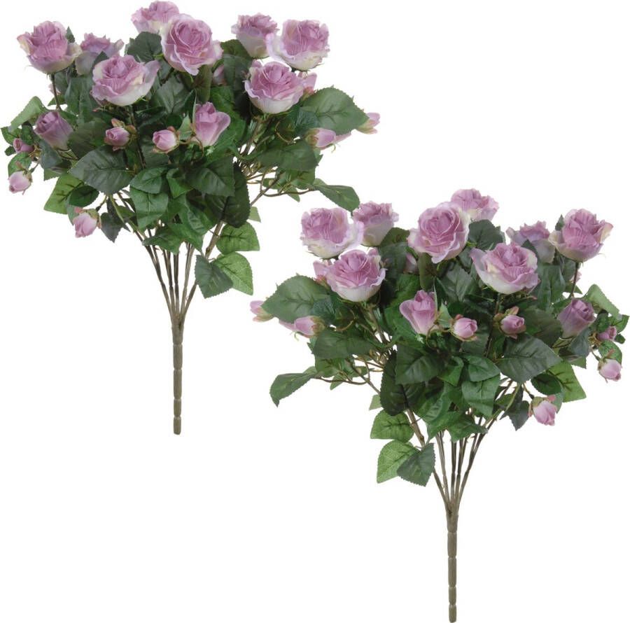 Louis Maes Kunstbloemen boeket rozen 2x lila paars H50 cm Bloemstuk Bladgroen Kunstbloemen