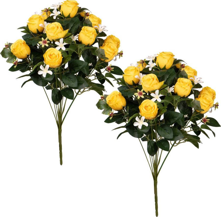 Louis Maes Kunstbloemen boeket rozen bloesem met bladgroen 2x geel H49 cm Bloemstuk