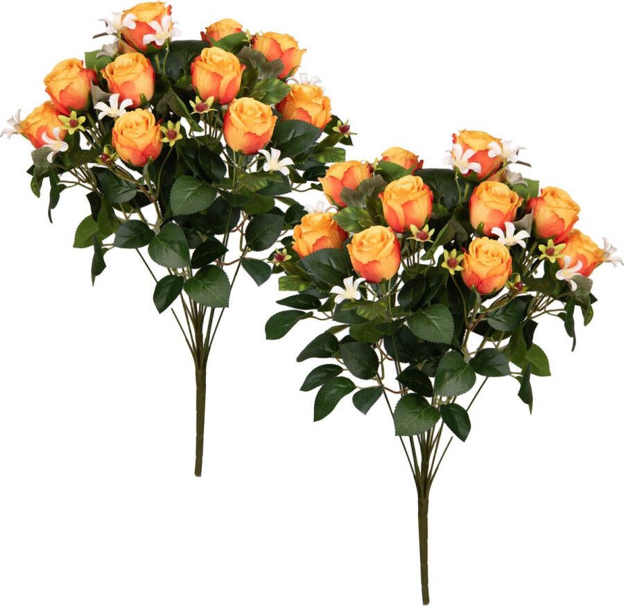 Louis Maes Kunstbloemen boeket rozen bloesem met bladgroen 2x oranje H49 cm Bloemstuk
