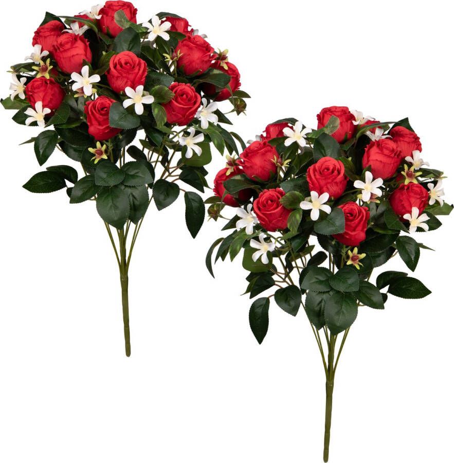 Louis Maes Kunstbloemen boeket rozen bloesem met bladgroen 2x rood H49 cm Bloemstuk