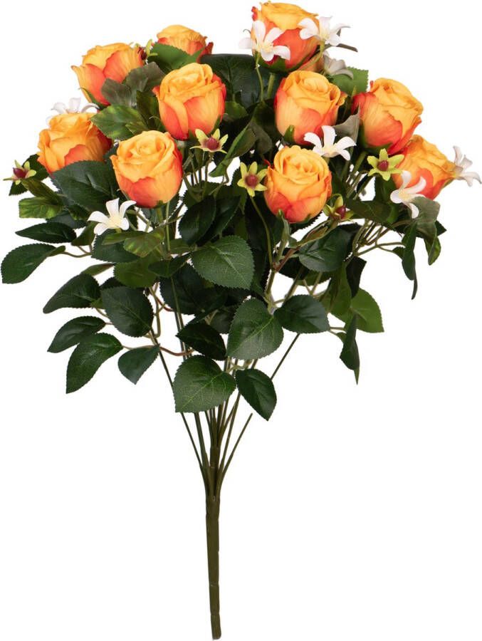 Louis Maes Kunstbloemen boeket rozen bloesem met bladgroen oranje H49 cm Bloemstuk
