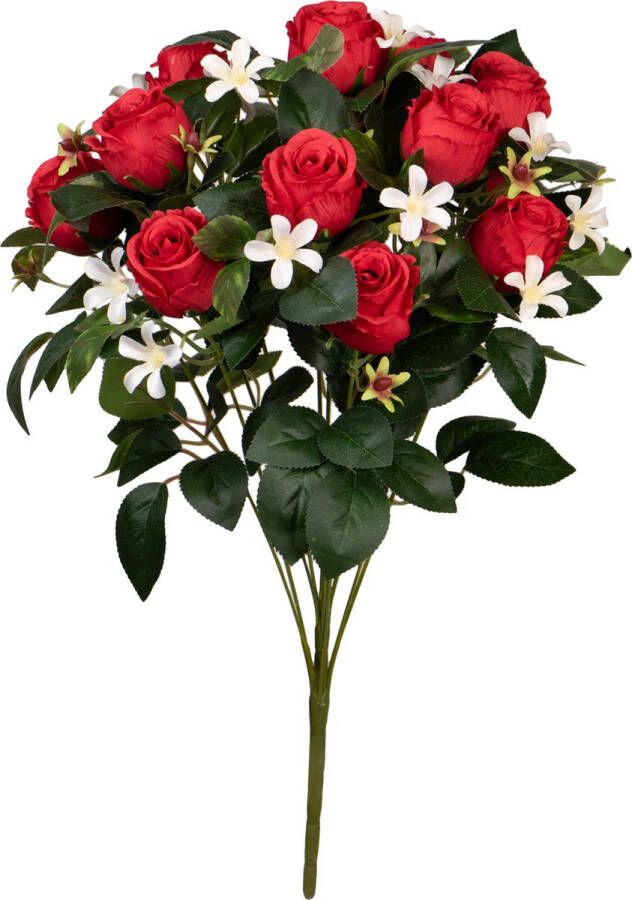 Louis Maes Kunstbloemen boeket rozen bloesem met bladgroen rood H49 cm Bloemstuk Kunstbloemen