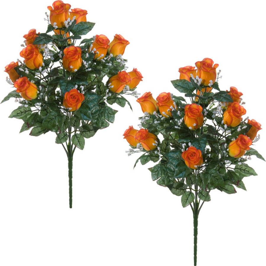 Louis Maes Kunstbloemen boeket rozen gipskruid 2x oranje H56 cm Bloemstuk Bladgroen Kunstbloemen