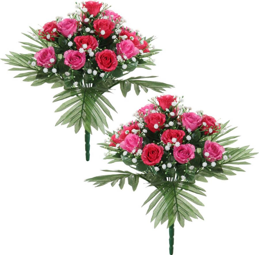 Louis Maes Kunstbloemen boeket rozen gipskruid 2x roze cerise H36 cm Bloemstuk Bladgroen