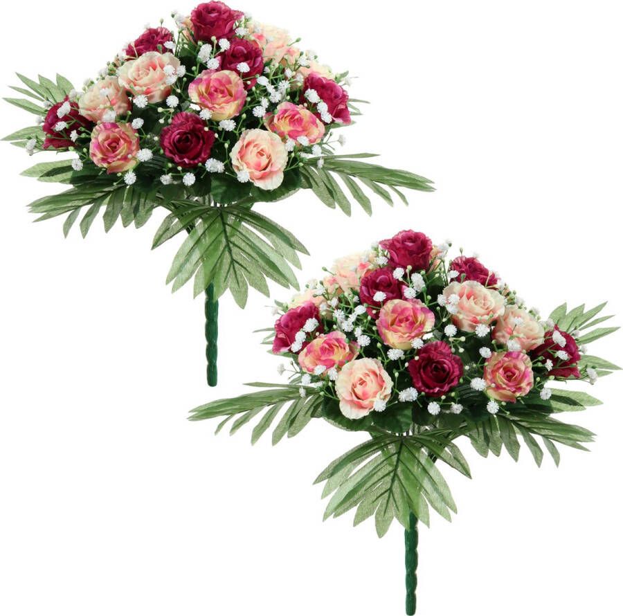 Louis Maes Kunstbloemen boeket rozen gipskruid 2x roze donkerrood H36 cm Bloemstuk Bladgroen