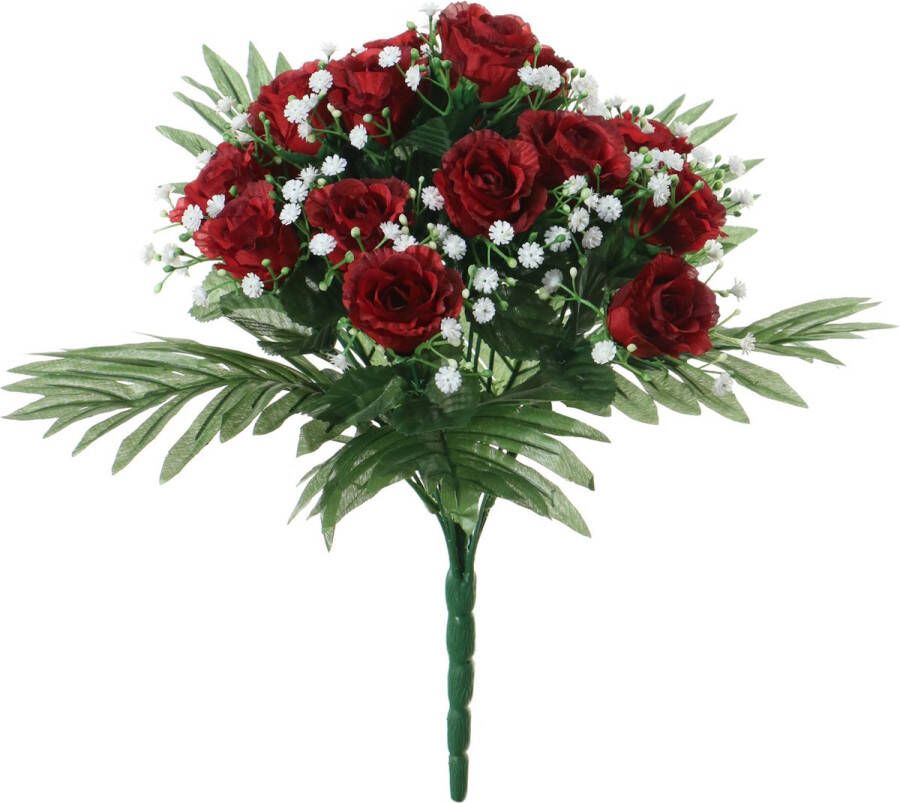 Louis Maes Kunstbloemen boeket rozen gipskruid rood H36 cm Bloemstuk Bladgroen Kunstbloemen