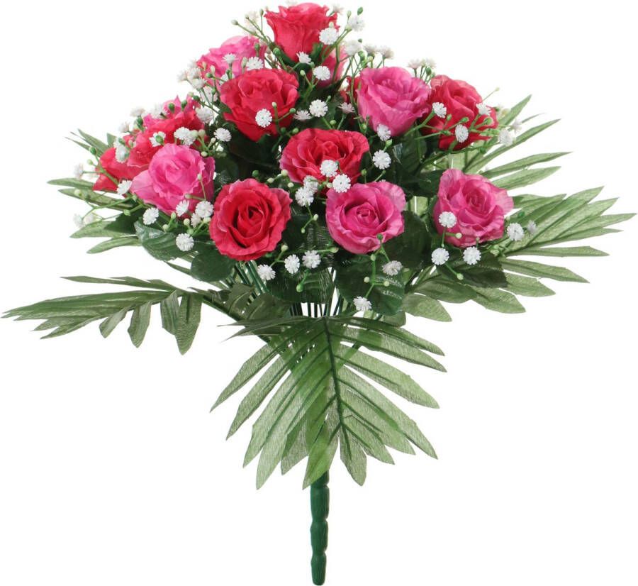 Louis Maes Kunstbloemen boeket rozen gipskruid roze cerise H36 cm Bloemstuk Bladgroen