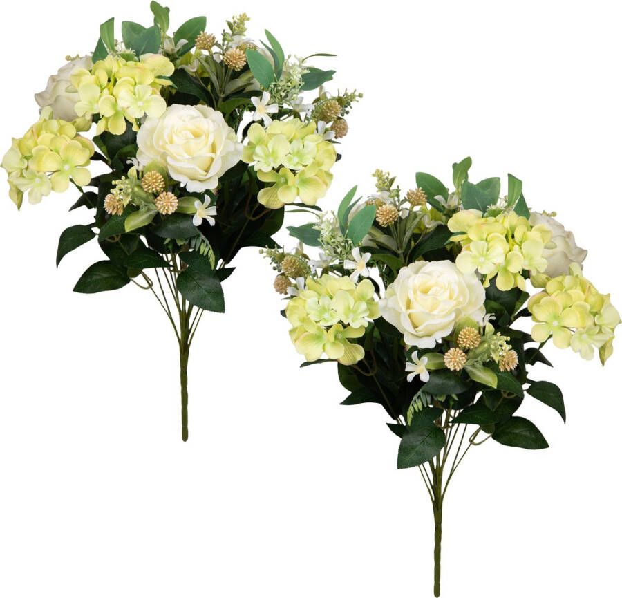 Louis Maes Kunstbloemen boeket rozen hortensia met bladgroen 2x creme wit geel H52 cm Bloemstuk