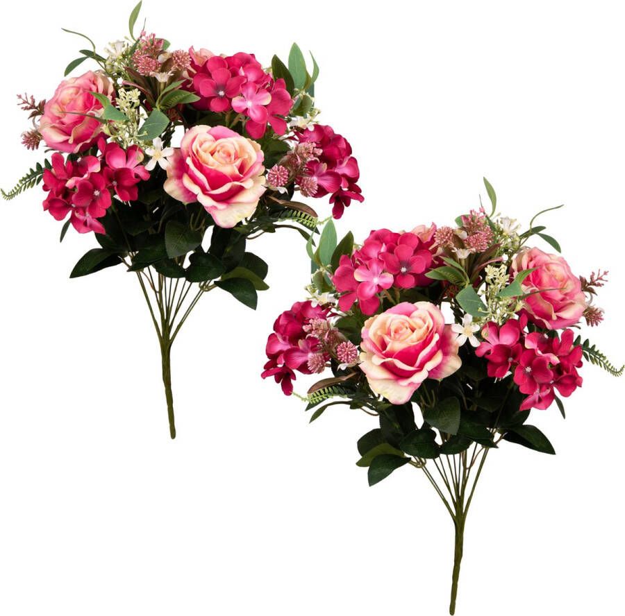 Louis Maes Kunstbloemen boeket rozen hortensia met bladgroen 2x roze H52 cm Bloemstuk