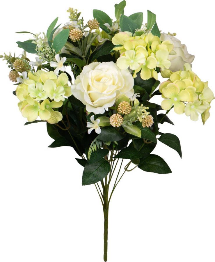 Louis Maes Kunstbloemen boeket rozen hortensia met bladgroen creme wit geel H52 cm Bloemstuk Kunstbloemen
