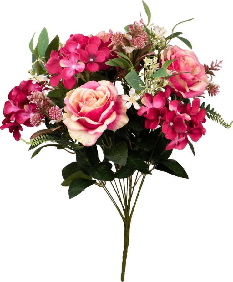 Louis Maes Kunstbloemen boeket rozen hortensia met bladgroen roze H52 cm Bloemstuk Kunstbloemen